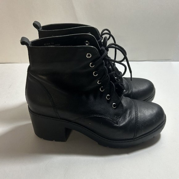 Steve Madden Rubia Combat Heeled Boots Size 7 Black Leather Womens Moto - Picture 1 of 5